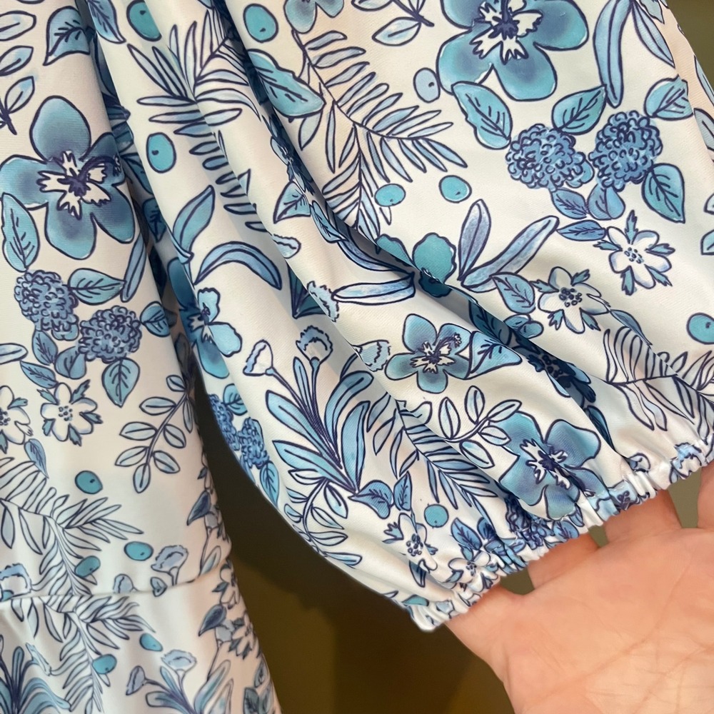 Smith & Quinn Blue Floral Square Neck Puff Sleeve Tiered Midi Dress Large - Picture 3 of 5